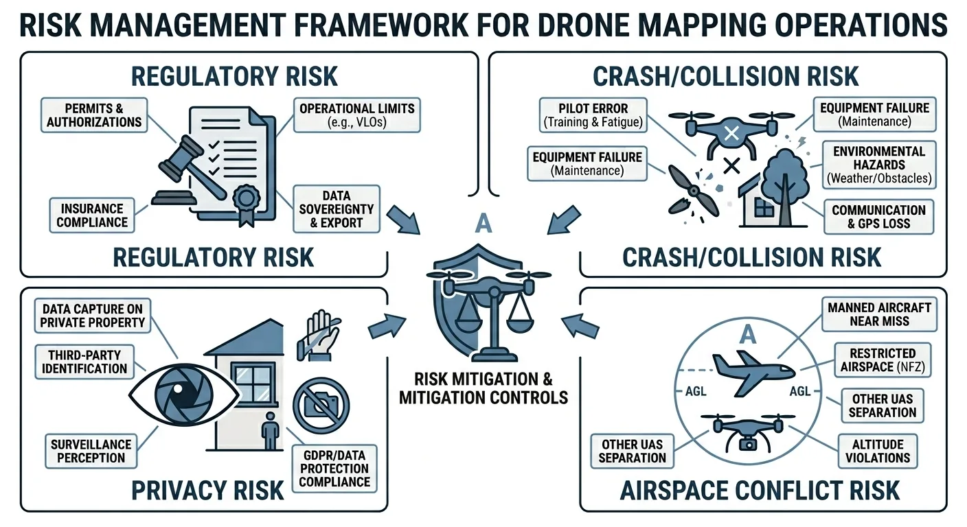 Risk probability-consequence matrix showing drone mapping risk scenarios plotted by likelihood and severity with color-coded risk zones from green low to red critical
