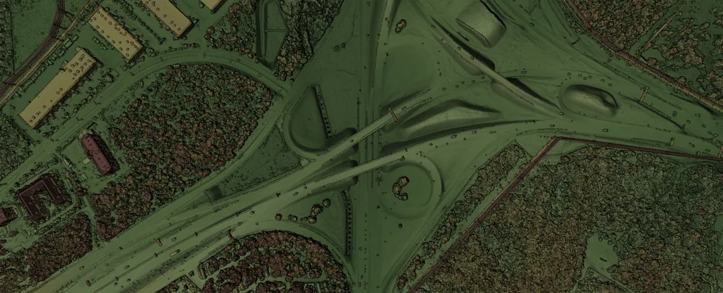 Colorized LiDAR point cloud of Austin, Texas Highway 183 interchange showing infrastructure captured at high density