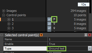 RealityScan control points panel showing control point types, properties, and selected point configuration