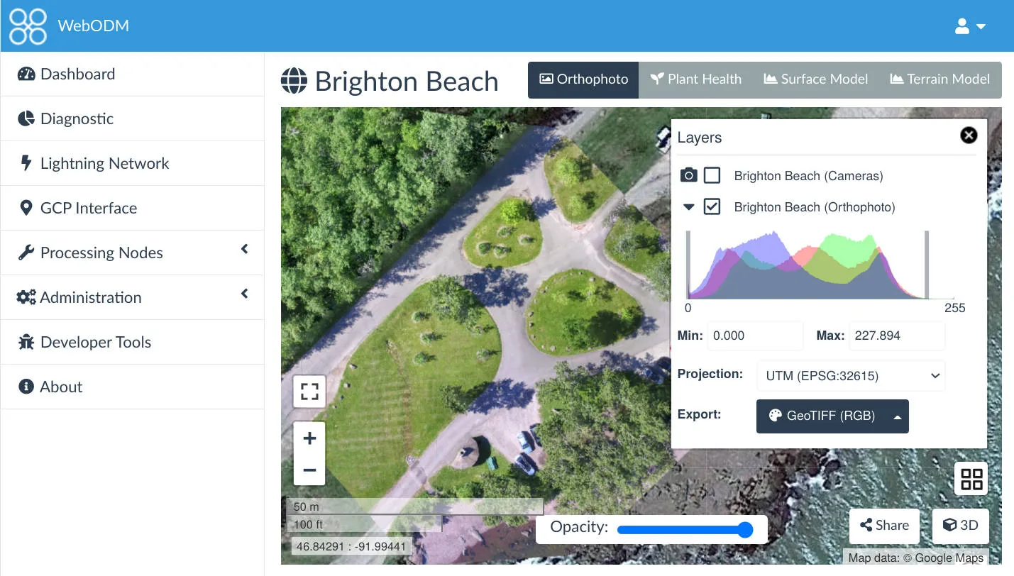WebODM interface showing the orthophoto viewer with layers panel, histogram, UTM projection details, and GeoTIFF export options