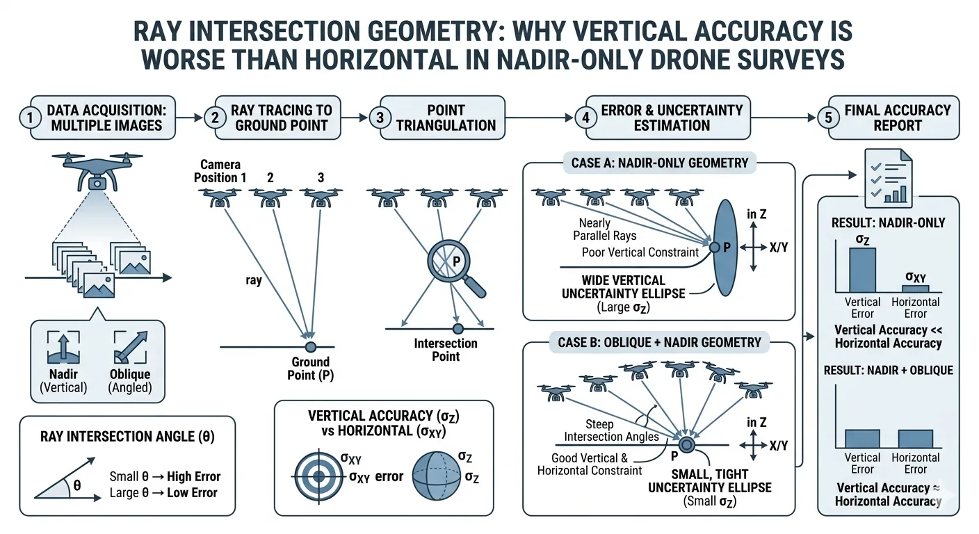 Ray intersection geometry comparing nadir-only drone surveys showing wide vertical uncertainty versus nadir plus oblique passes showing tight intersection and improved vertical accuracy